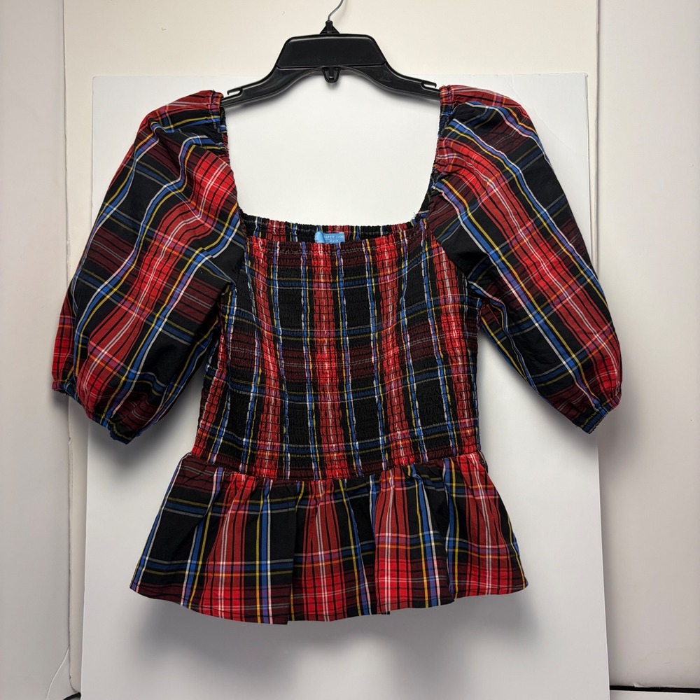 Draper James RSVP Red Plaid Smocked Peplum Top Puff Sleeve KD2065YPP Small